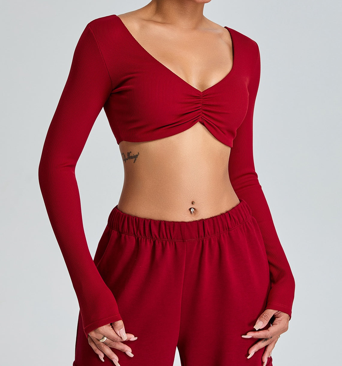 Rib Knit Long Sleeves V Neck Butterfly Sports Top