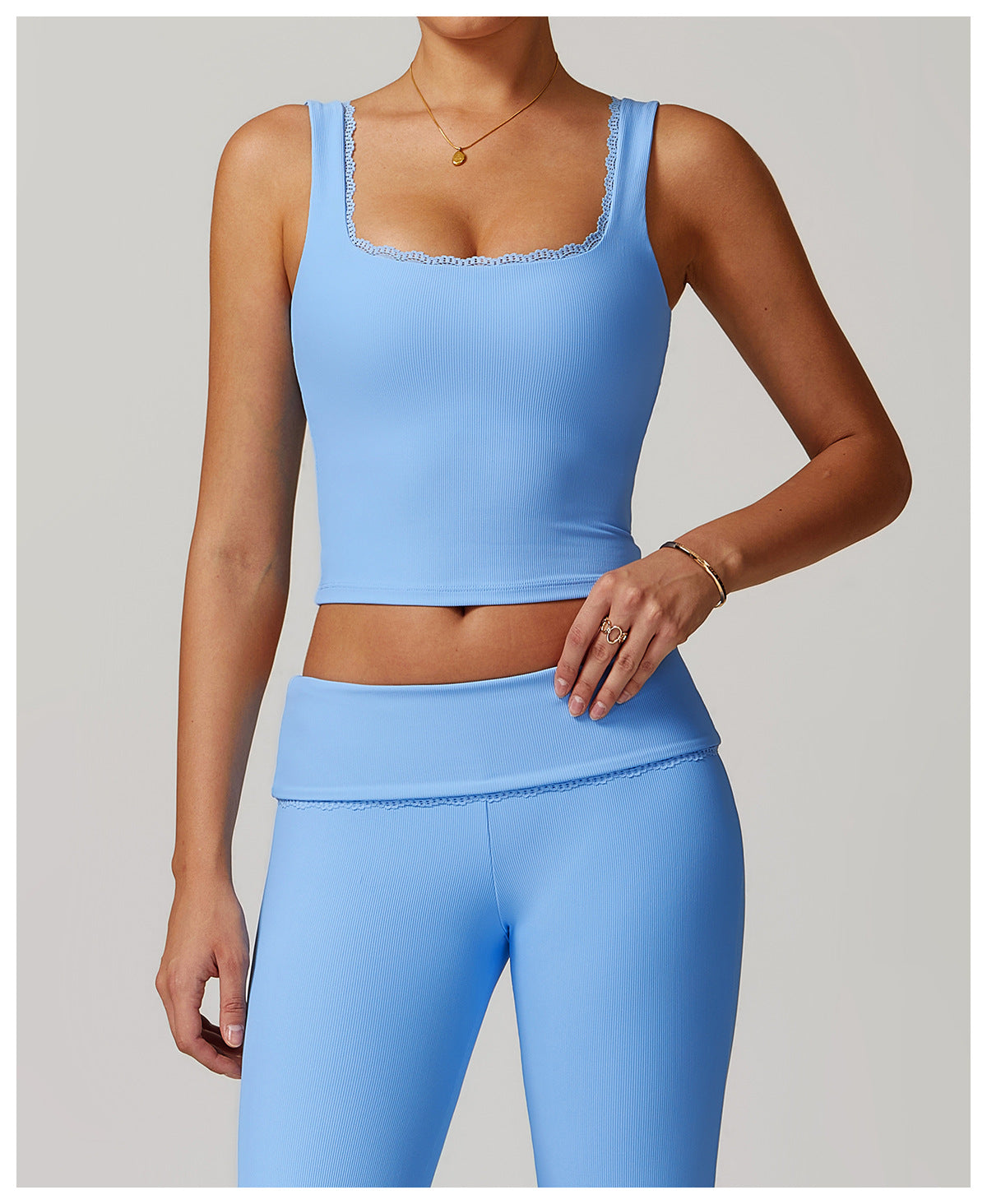 Rib Knit Mini Lace Semi Boot Cut Tank Top Sports Bra