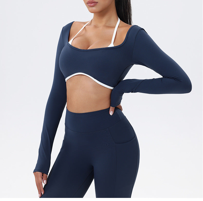 Halter Neck White Bulk Line Back Beauty Long Sleeeves Sports Top