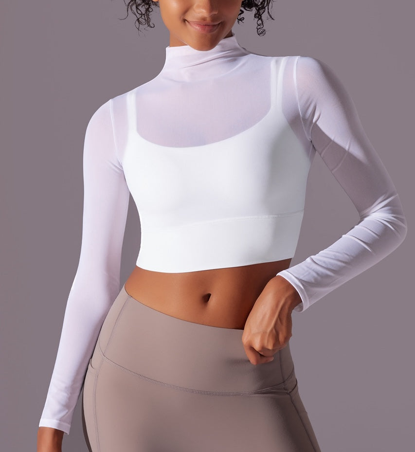 Flash Sale - Polo Neck Long Sleeves Chiffon Built-in Sports Bra Top