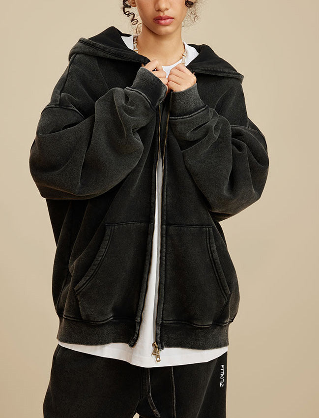 Boy Friend Series Vintage Wash Fluffy Hoodie Jacket