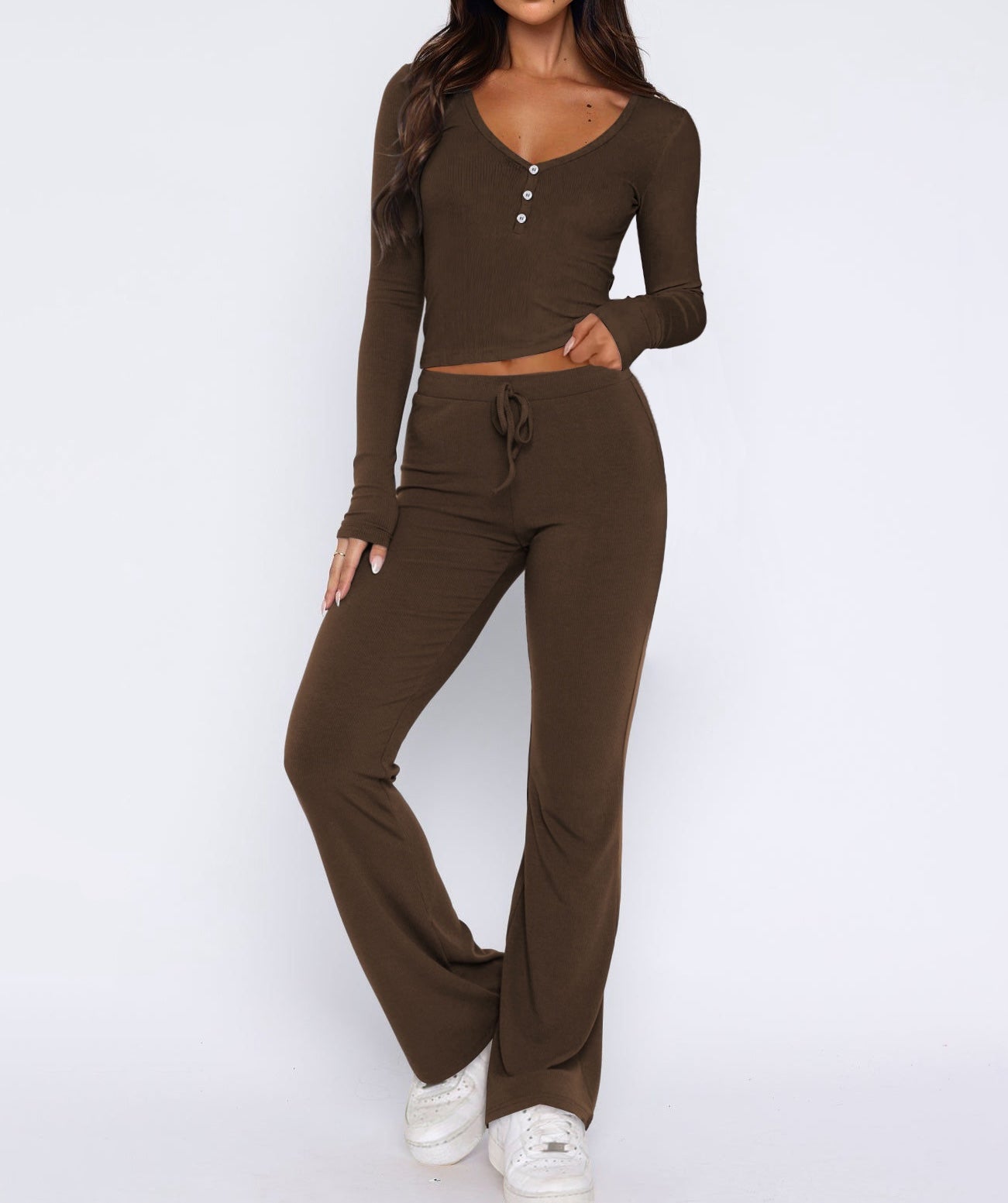 Rib Knit V Neck Buckles Pajama Set