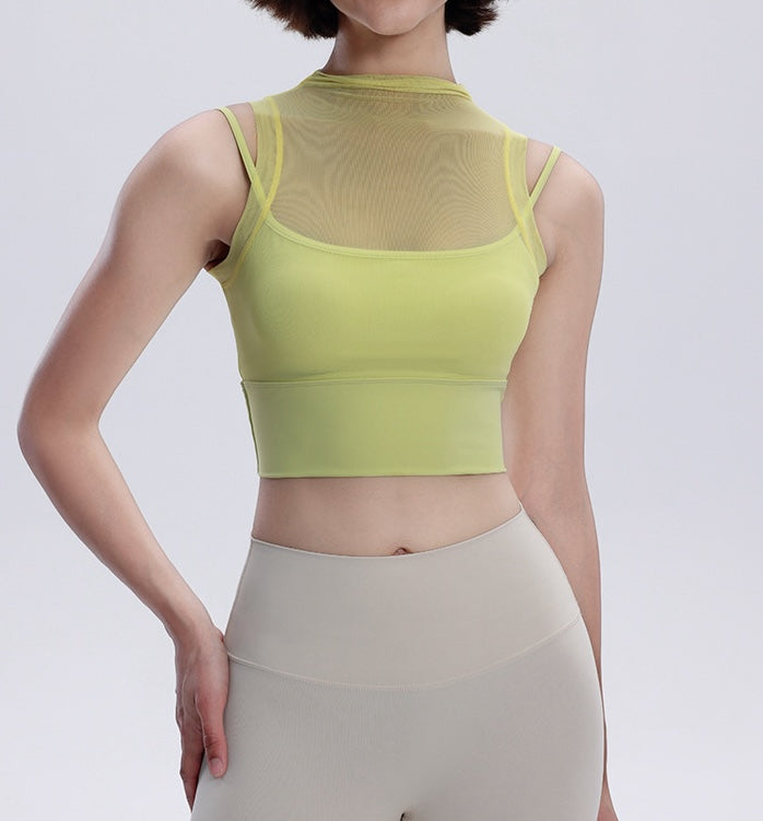 Rolled Neck Sleeveless Chiffon Built-in Sports Bra Top