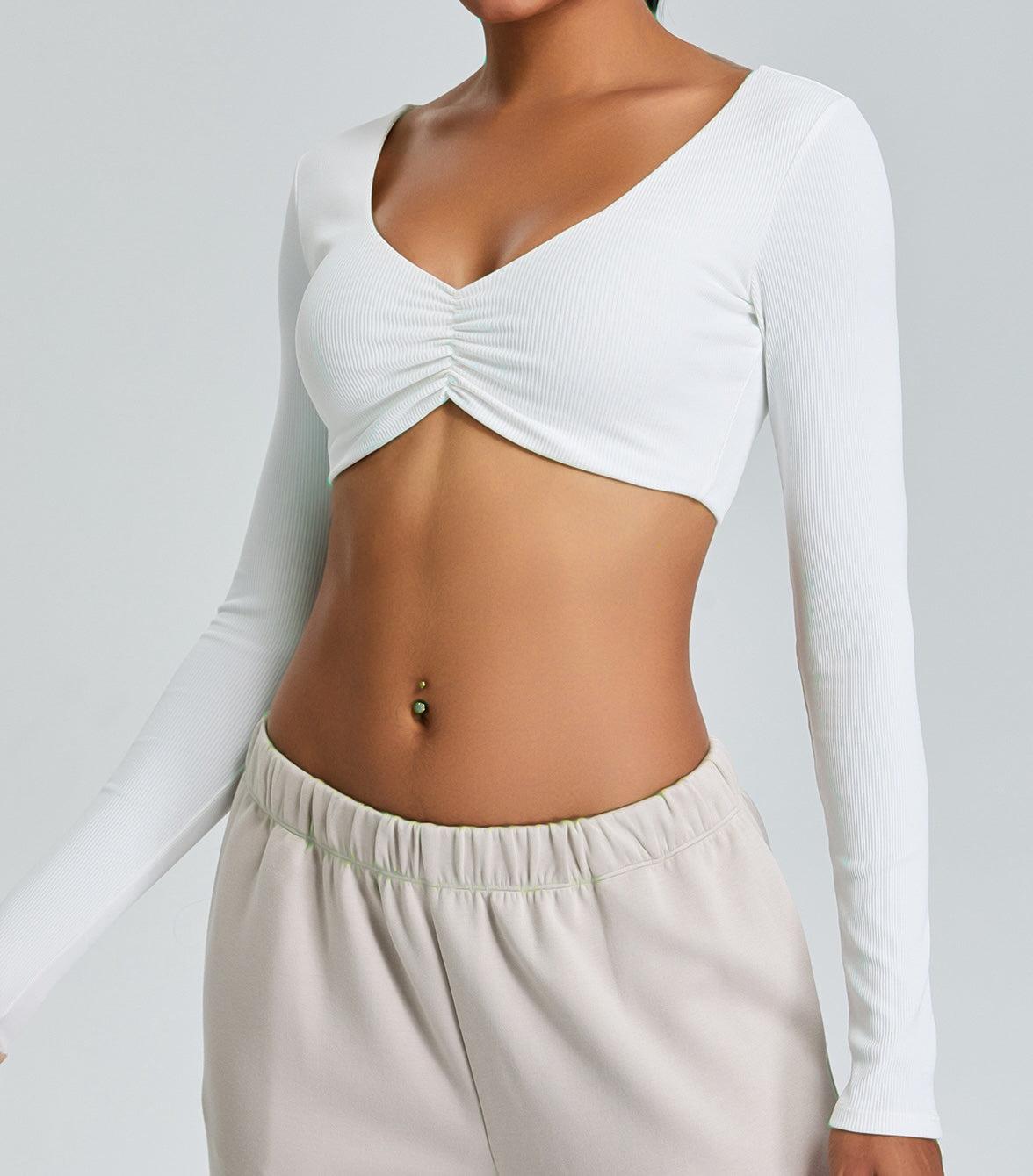 Rib Knit Long Sleeves V Neck Butterfly Sports Top