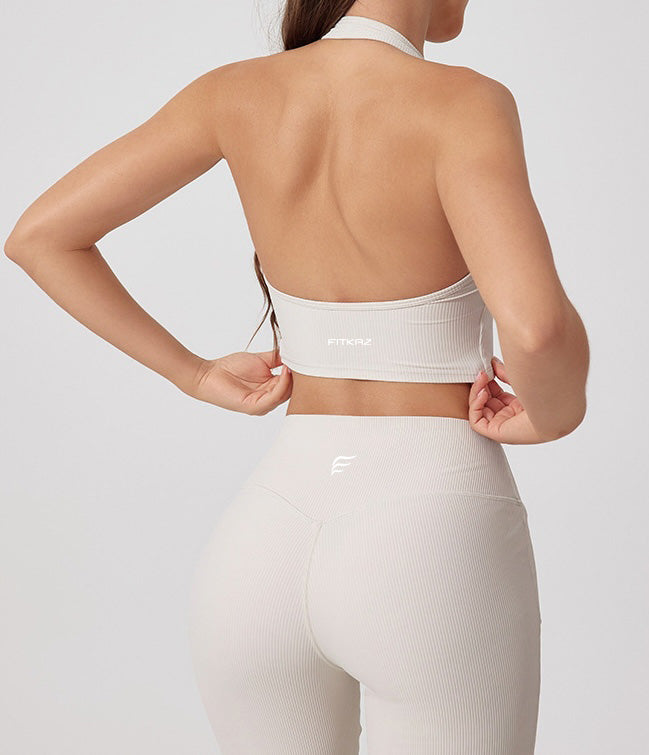 Rib Knit USA Style Buttons Halter Top Sports Bra