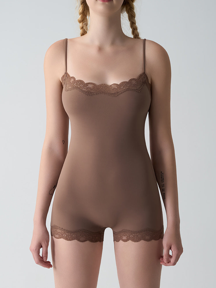 Feather Skin Touch Lace Camisole Boyshort Bodysuit (No Pads)