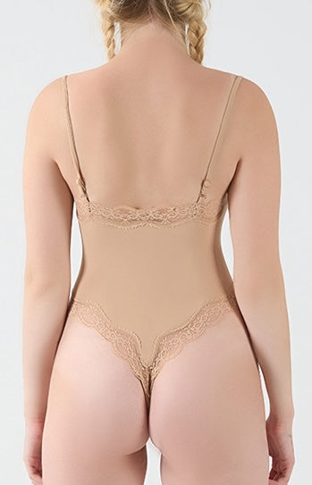 Feather Skin Touch Lace Camisole High Cut Thong Bodysuit (No Pads)