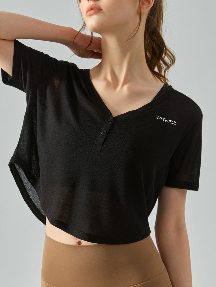 V Neck Bottons Breathable Ultra Light Yoga Top