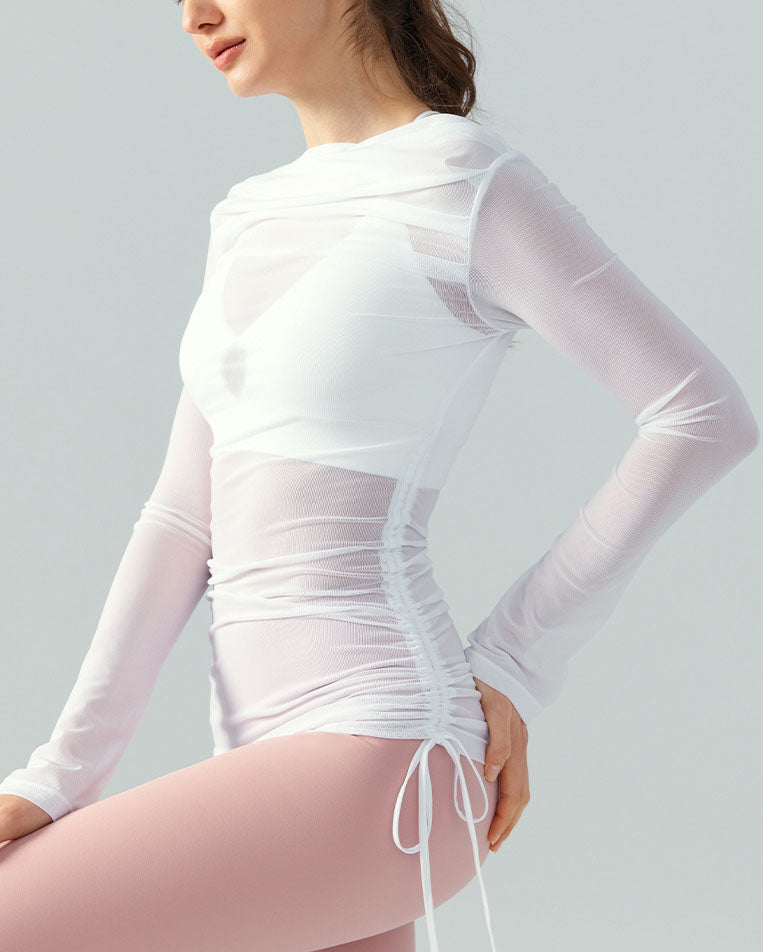 Off Shoulder Mesh See Through Slim Fit Yoga Top