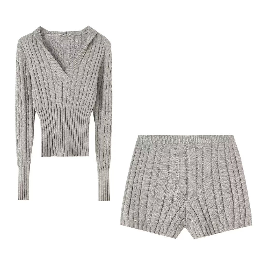 Thick Knitted Hoodies and Comfy Shorts Pajama Set