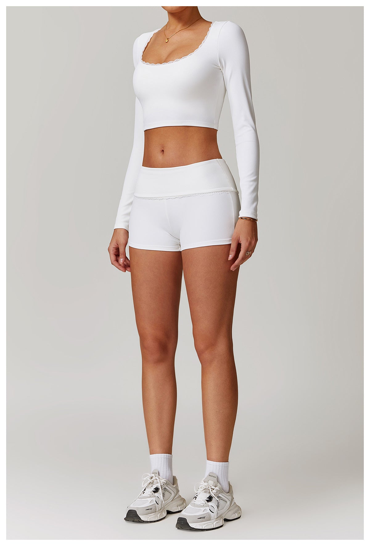 Rib Knit Mini Lace Semi Boot Cut Long Sleeve Sports Bra