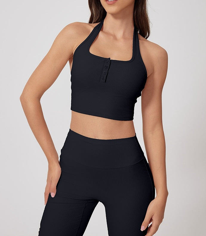Rib Knit USA Style Buttons Halter Top Sports Bra