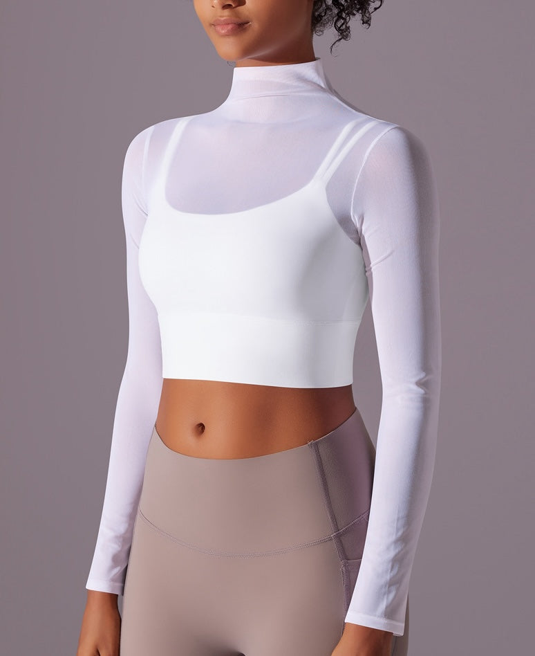 Flash Sale - Polo Neck Long Sleeves Chiffon Built-in Sports Bra Top