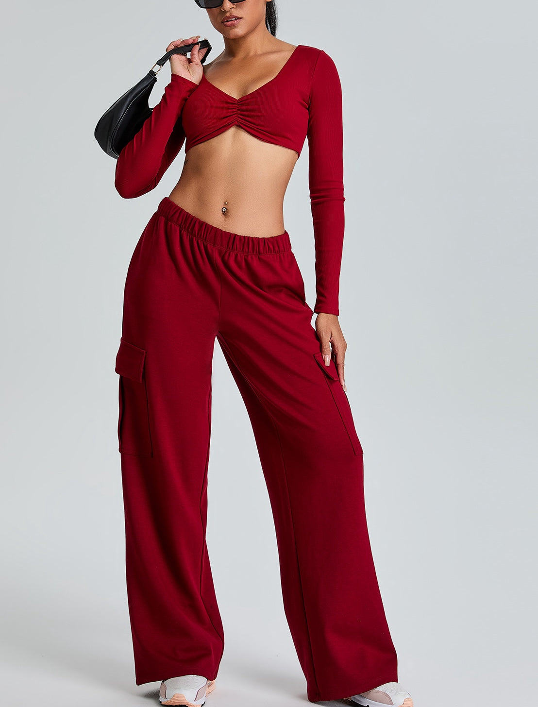 Rib Knit Long Sleeves V Neck Butterfly Sports Top