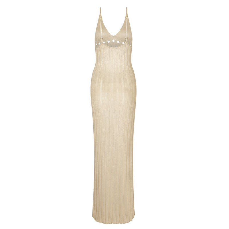 Summer Knitted Hallow Carved Deep V Adjustable Beach Dress