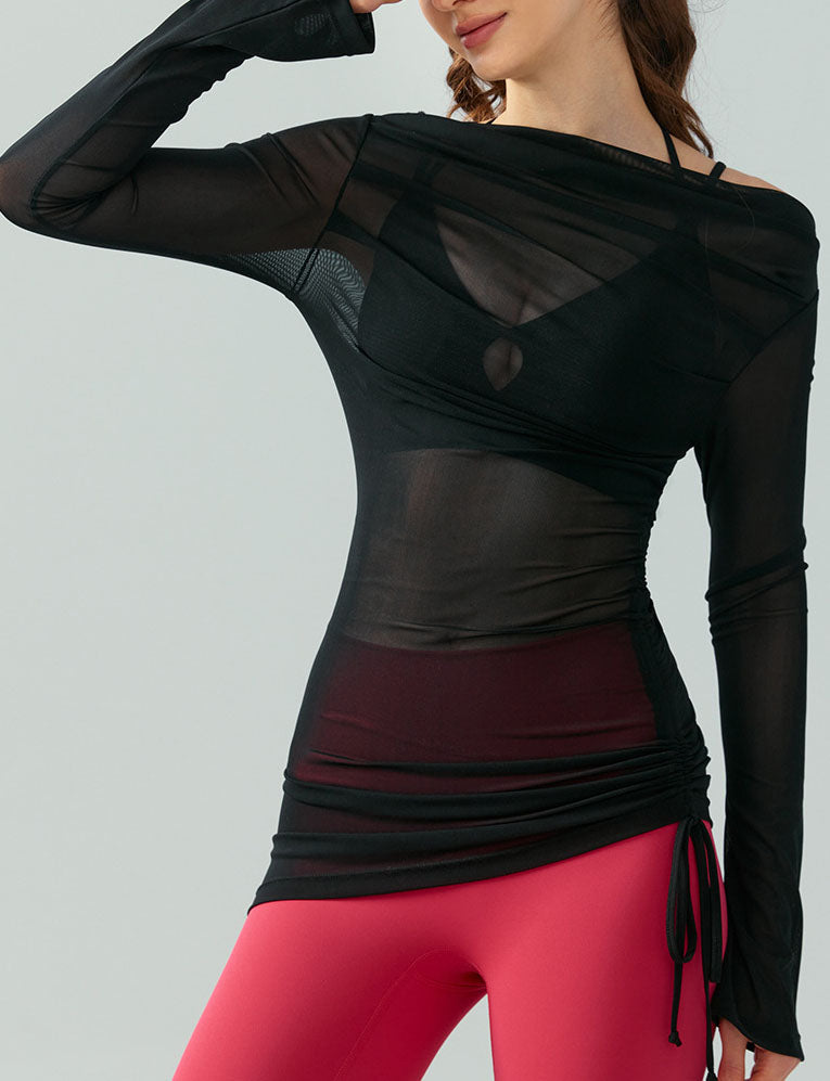 Off Shoulder Mesh See Through Slim Fit Yoga Top