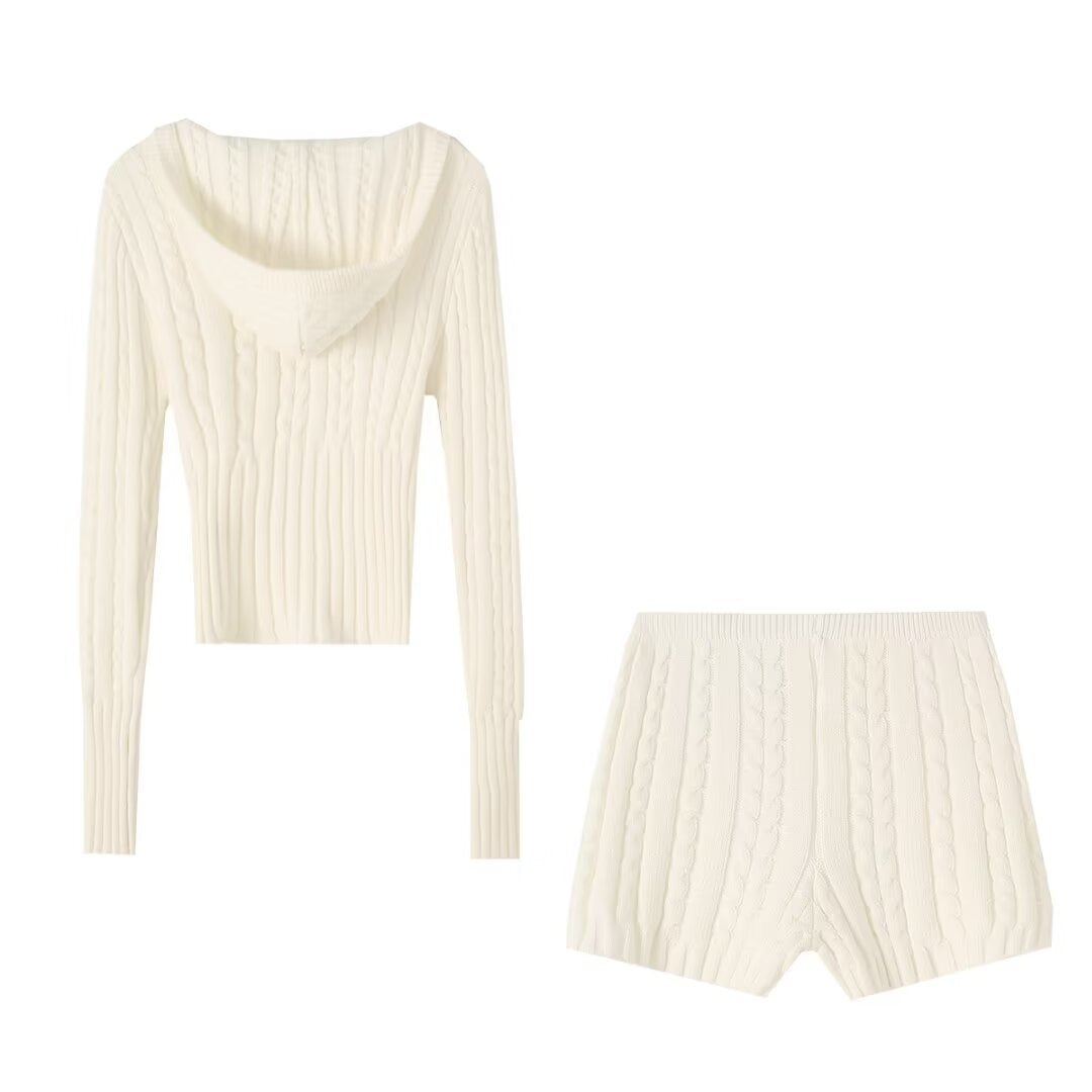 Thick Knitted Hoodies and Comfy Shorts Pajama Set