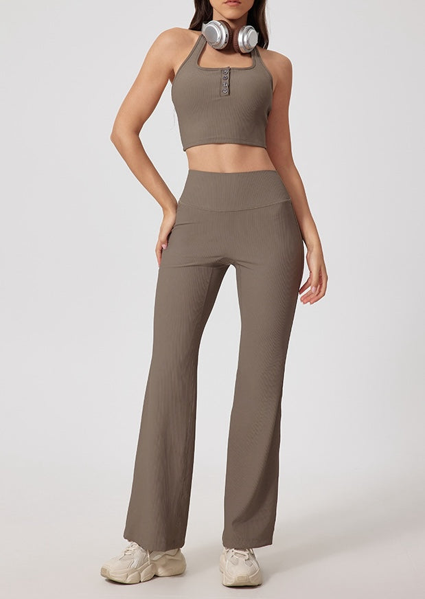Rib Knit USA Style Buttons Halter Top Sports Bra