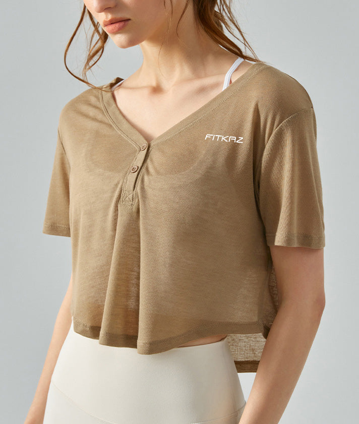V Neck Bottons Breathable Ultra Light Yoga Top