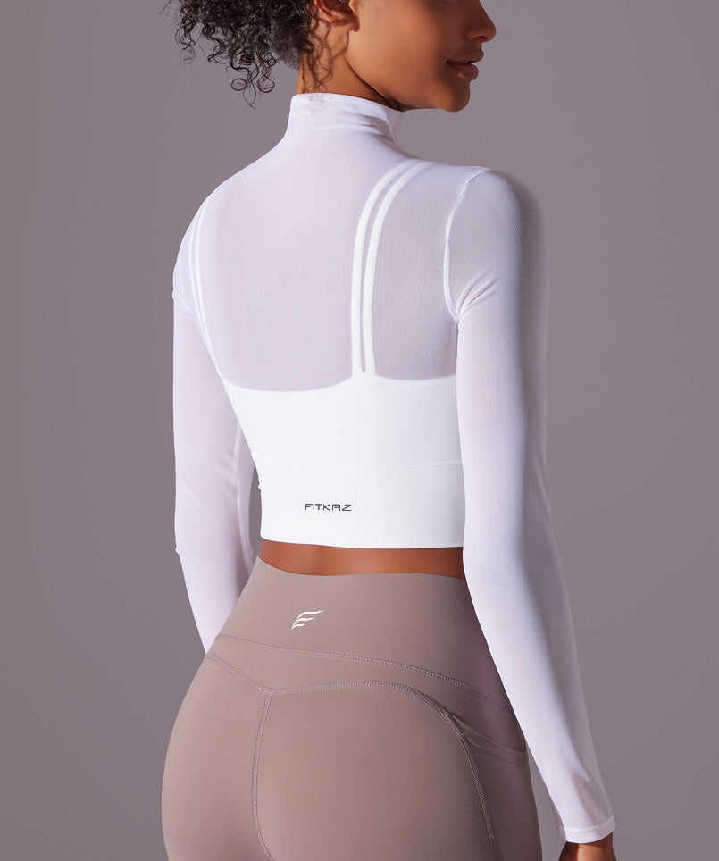 Flash Sale - Polo Neck Long Sleeves Chiffon Built-in Sports Bra Top