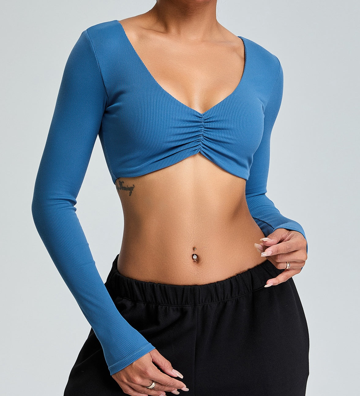 Rib Knit Long Sleeves V Neck Butterfly Sports Top
