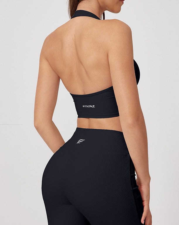 Rib Knit USA Style Buttons Halter Top Sports Bra