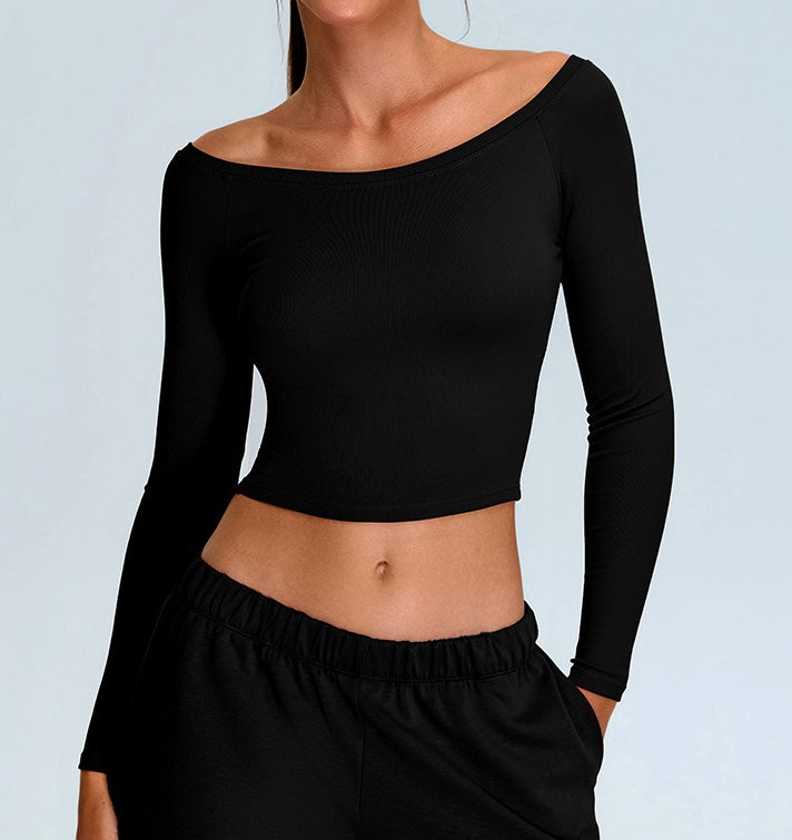 Rib Knit Long Sleeves Wide U Neck Slim T-shirt