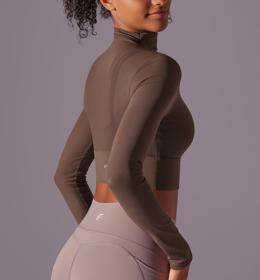 Flash Sale - Polo Neck Long Sleeves Chiffon Built-in Sports Bra Top