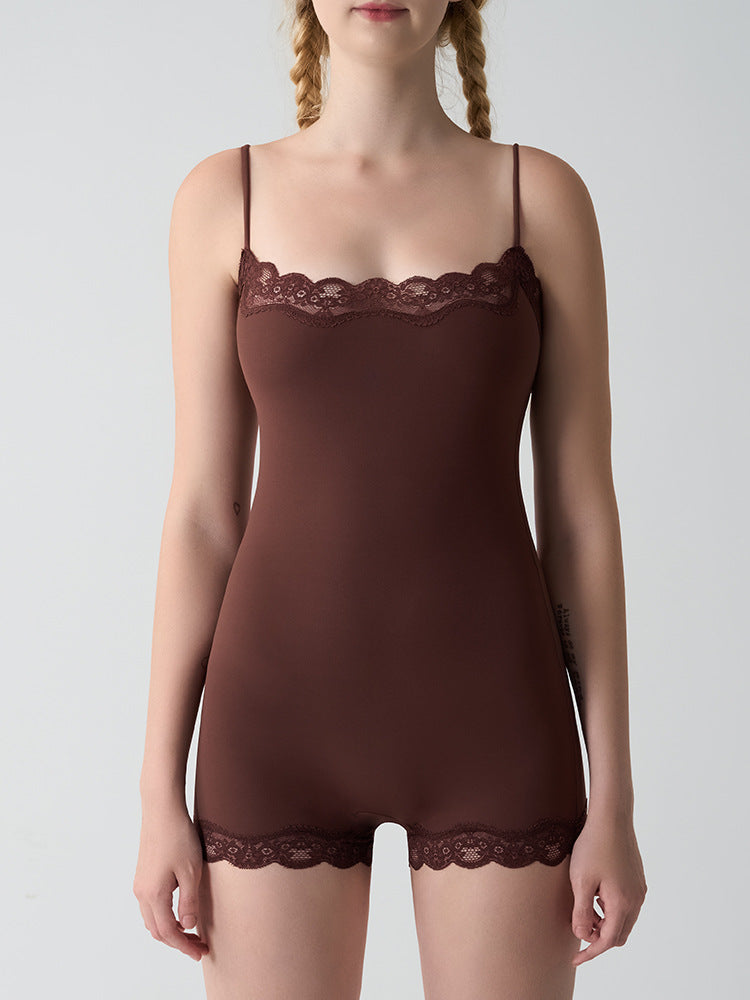 Feather Skin Touch Lace Camisole Boyshort Bodysuit (No Pads)