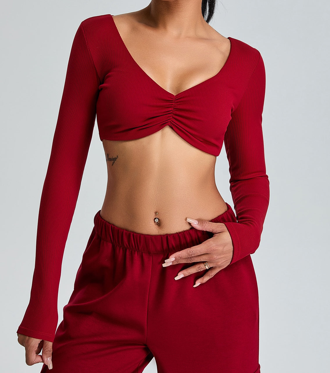 Rib Knit Long Sleeves V Neck Butterfly Sports Top