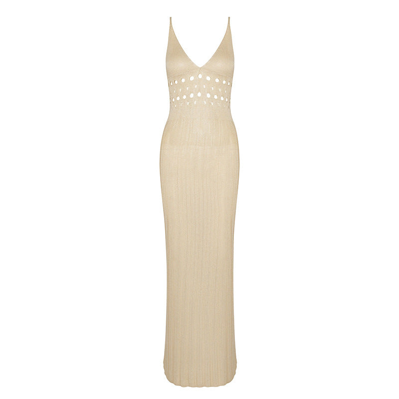 Summer Knitted Hallow Carved Deep V Adjustable Beach Dress