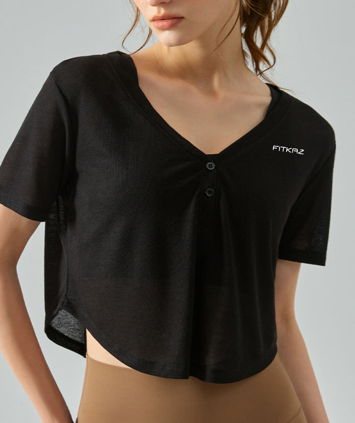 V Neck Bottons Breathable Ultra Light Yoga Top