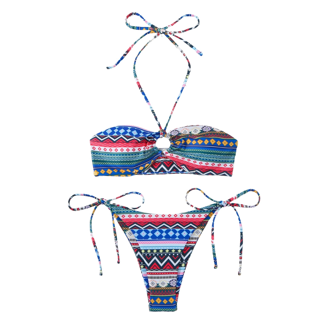 Buckle Bohemian Pattern Halter Straps Bikini