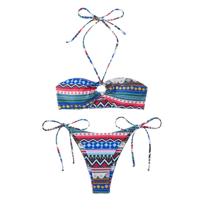 Buckle Bohemian Pattern Halter Straps Bikini