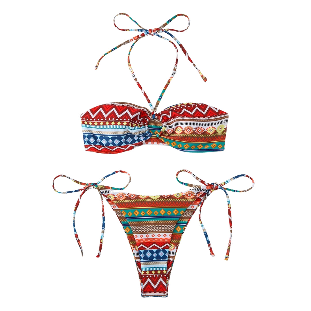 Buckle Bohemian Pattern Halter Straps Bikini