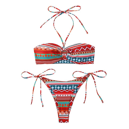 Buckle Bohemian Pattern Halter Straps Bikini