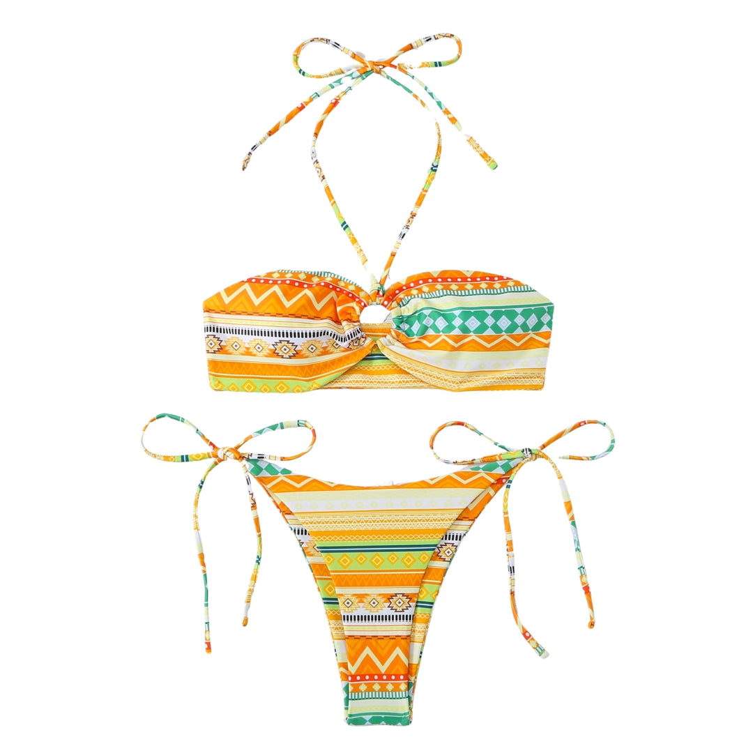 Buckle Bohemian Pattern Halter Straps Bikini