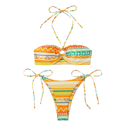 Buckle Bohemian Pattern Halter Straps Bikini