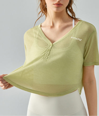V Neck Bottons Breathable Ultra Light Yoga Top