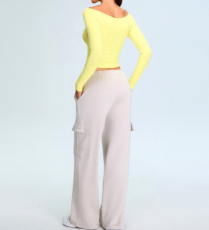 Rib Knit Long Sleeves Wide U Neck Slim T-shirt