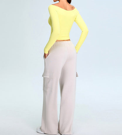 Rib Knit Long Sleeves Wide U Neck Slim T-shirt