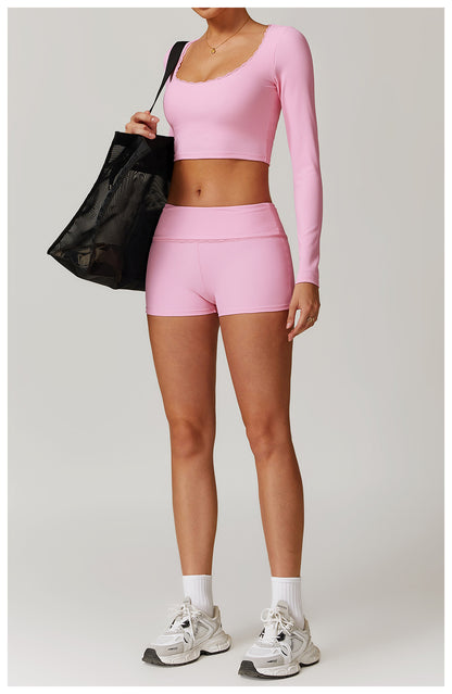 Rib Knit Mini Lace Semi Boot Cut Long Sleeve Sports Bra