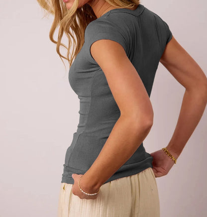 Rib Knit U Neck Casual T-shirt
