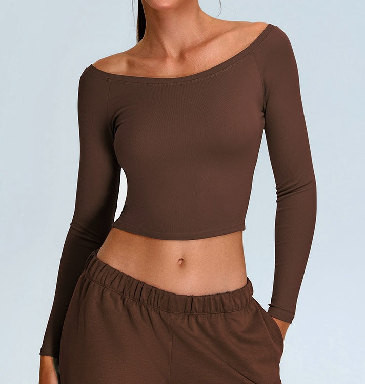 Rib Knit Long Sleeves Wide U Neck Slim T-shirt