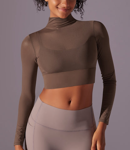 Flash Sale - Polo Neck Long Sleeves Chiffon Built-in Sports Bra Top