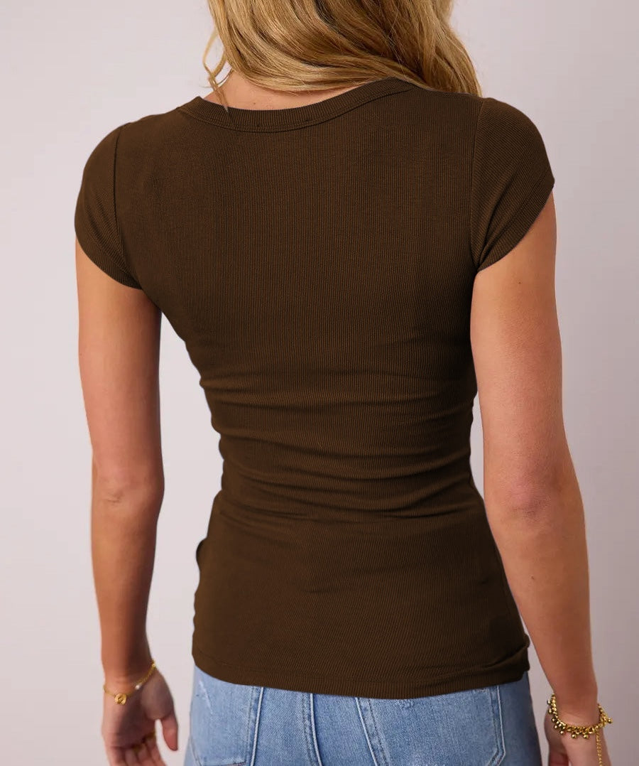 Rib Knit U Neck Casual T-shirt