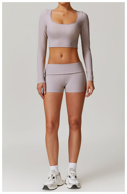 Rib Knit Mini Lace Semi Boot Cut Long Sleeve Sports Bra