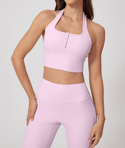 Rib Knit USA Style Buttons Halter Top Sports Bra
