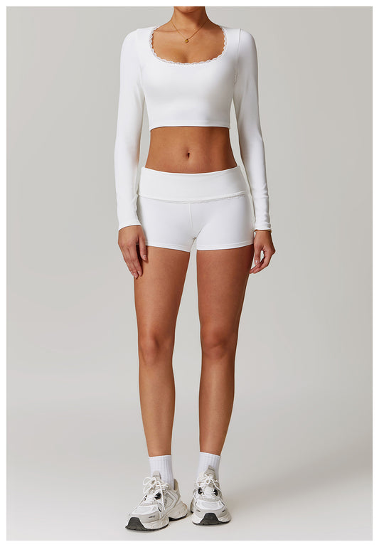 Rib Knit Mini Lace Semi Boot Cut Long Sleeve Sports Bra