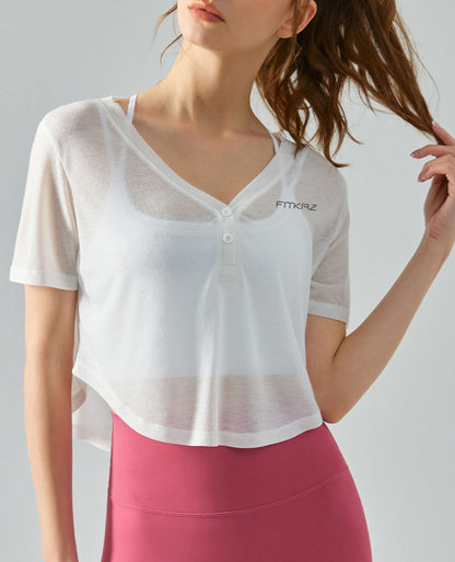 V Neck Bottons Breathable Ultra Light Yoga Top